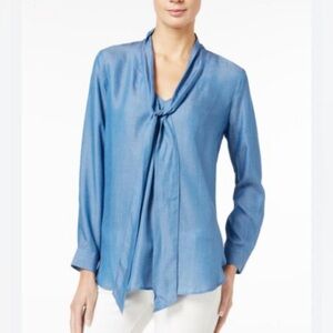 Maison Jules Women's Chambray Tie-Neck Top